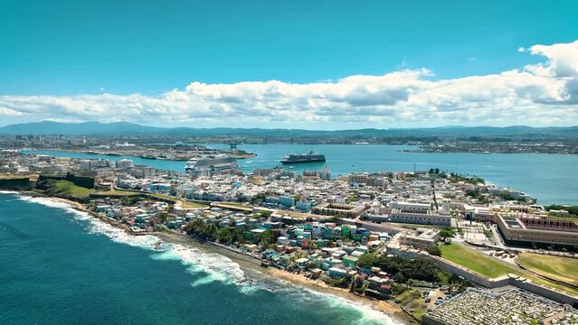 Old San Juan Puerto Rico Drone Shot of Castillo San Felipe del Morro, Escambron Beach (aerial view)