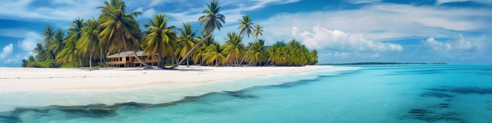 illustration, caribbean palm beach with white sands and turquoise waters,website header, ai generative