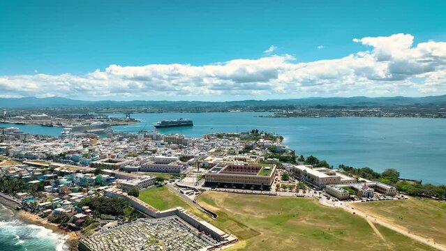 Old San Juan Puerto Rico Drone Shot of Castillo San Felipe del Morro, Escambron Beach (aerial view)