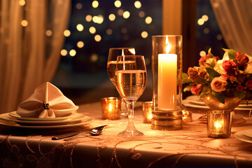 Elegant table setting with candles in restaurant. Selective focus.