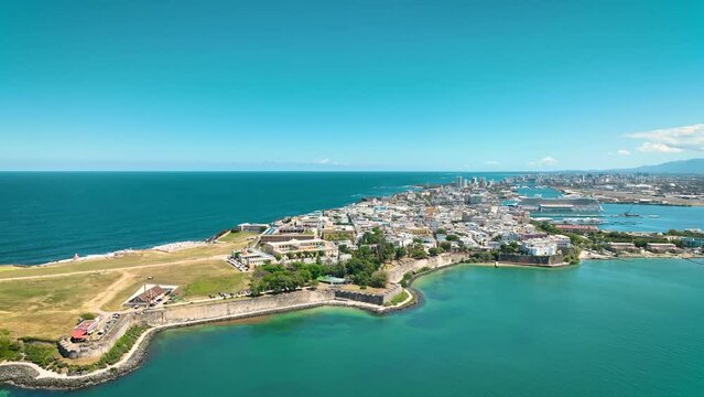 Old San Juan Puerto Rico Drone Shot of Castillo San Felipe del Morro, Escambron Beach (aerial view)