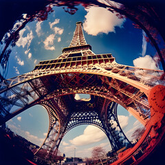 Parisian Kaleidoscope: AI-Generated Fish-eye View of Colorful Eiffel Tower