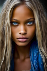 Elegant Portrait of a Beautiful Black Model with Blonde Hair and Blue Eyes - generative ai