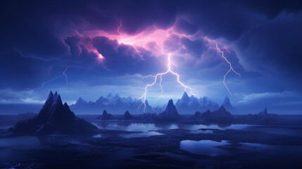 A powerful lightning strike illuminating a majestic mountain range in the night sky