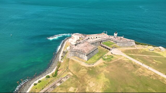 Old San Juan Puerto Rico Drone Shot of Castillo San Felipe del Morro, Escambron Beach (aerial view)