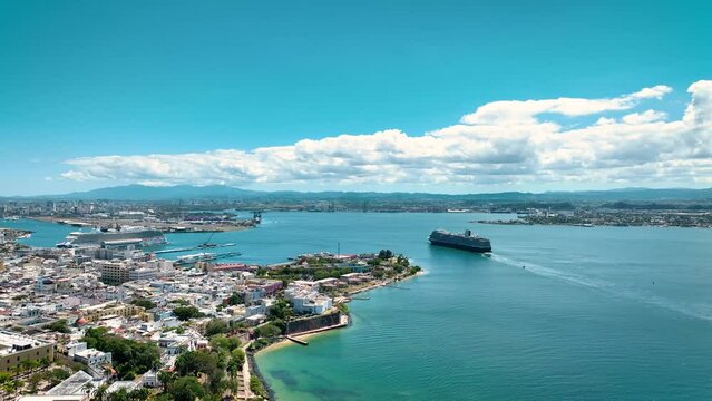 Old San Juan Puerto Rico Drone Shot of Castillo San Felipe del Morro, Escambron Beach (aerial view)