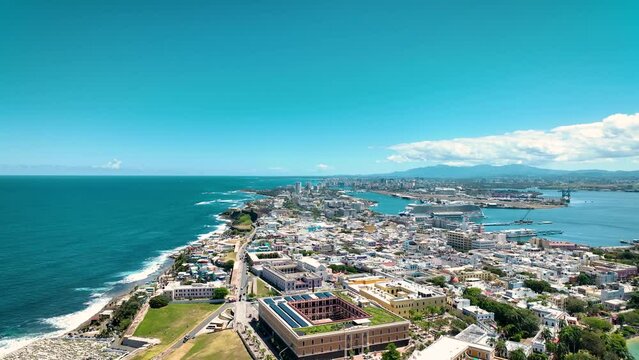Old San Juan Puerto Rico Drone Shot of Castillo San Felipe del Morro, Escambron Beach (aerial view)