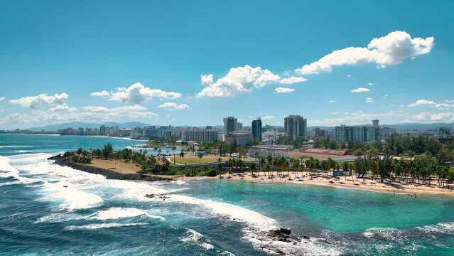 Old San Juan Puerto Rico Drone Shot of Castillo San Felipe del Morro, Escambron Beach (aerial view)