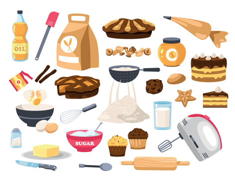 Baked food and ingredients. Cartoon sweet master class, dough doughnuts, cookie dough, cake and pastry baking tools. Vector isolated set