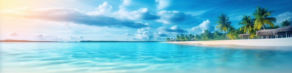 Fototapeta na wymiar illustration, blurred tropical beach landscape,website header, ai generative