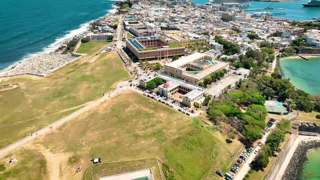 Old San Juan Puerto Rico Drone Shot of Castillo San Felipe del Morro, Escambron Beach (aerial view)