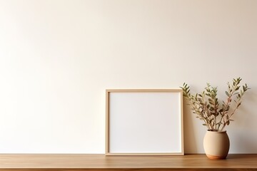 Empty horizontal frame mockup in modern minimalist interior with plant in trendy vase on beige wall background. Close up Template for artwork, painting, photo or poster