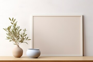 Fototapeta na wymiar Empty horizontal frame mockup in modern minimalist interior with plant in trendy vase on beige wall background. Close up Template for artwork, painting, photo or poster