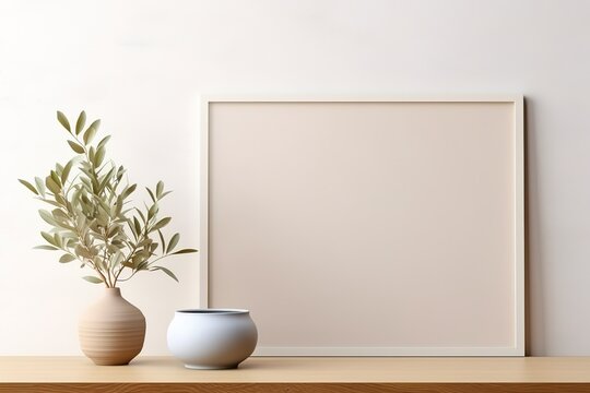 Empty horizontal frame mockup in modern minimalist interior with plant in trendy vase on beige wall background. Close up Template for artwork, painting, photo or poster © Leoarts