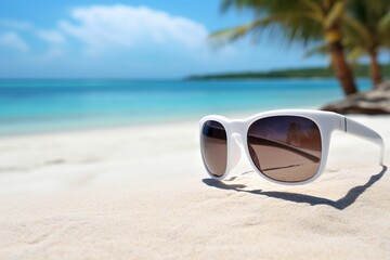Fototapeta na wymiar an illustration, sunglasses on the beach sand, ai generative