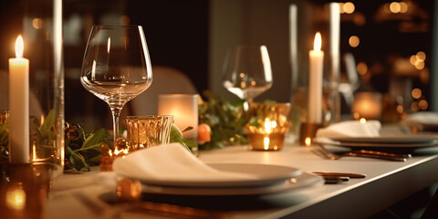 Elegant table setting with candles in restaurant. Selective focus. Romantic dinner setting with candles on table in restaurant. 