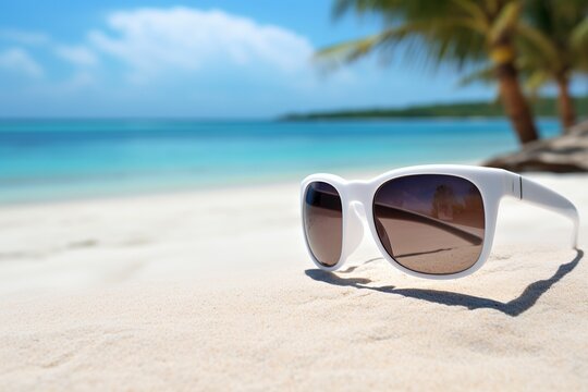 an illustration, sunglasses on the beach sand, ai generative