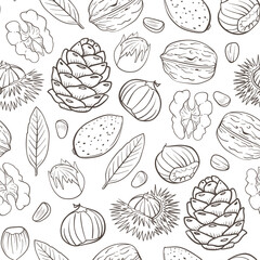 Seamless pattern with almond, walnut and chestnuts.