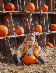 A toddler on a pumpkin farm with a large orange pumpkin, nice sunny family day at a pumpkin patch farm, family time well spent