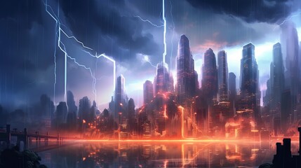 illustration, a big electrical storm in the landscape of a big futuristic city, ai generative