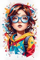 Vector t-shirt art ready to print colorful graffiti illustration of a colorful little girl wearing glasses