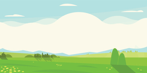 Summer meadow background. Farm panorama with rural flowers, countryside scenery with trees and grass, cloud bunner for text. Vector illustration