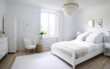 Photorealistic luxury indoor white bedroom with shining bright sunlight from the window