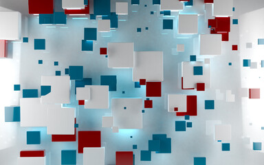 Imagen abstracta de cubos o fondo de bloque.Ilustración 3d futurista de diseño de cuadrados, rectángulos y formas geométricas. Luces de neón brillantes y textura suave y brillante.