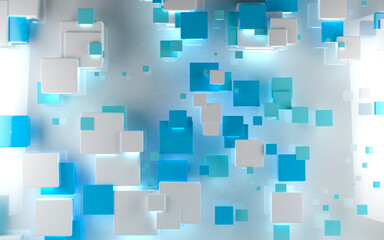 Imagen abstracta de cubos o fondo de bloque.Ilustración 3d futurista de diseño de cuadrados, rectángulos y formas geométricas. Luces de neón brillantes y textura suave y brillante.