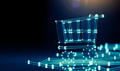 Concepto de comercio electrónico y compras on line. Ilustración 3d. Diseño de carritos de compras y negocios en Internet. © C.Castilla