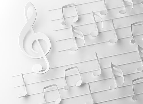 Fondo de notas musicales y canciones. Concepto abstracto de sinfon&iacute;a y m&uacute;sica cl&aacute;sica. Clave de sol y partitura en color blanco.