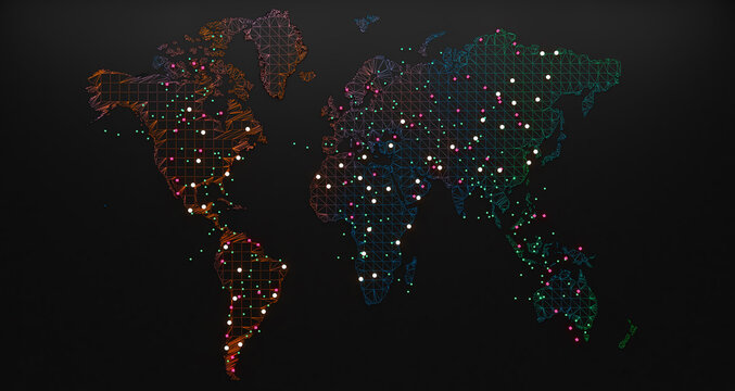 Ilustraci&oacute;n 3d y concepto de log&iacute;stica internacional de acuerdos y negocios internacionales. Redes y empresas de todo el mundo.Mapa mundial y networking.