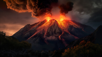 Volcanic Fury: Captivating Eruption with Molten Lava and Billowing Fumes - obrazy, fototapety, plakaty