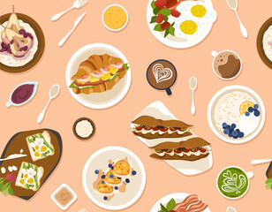 Seamless pattern with morning food. Repeating design element for printing on fabric. Milk porridge with hands. Buns and toasts with eggs. Traditional breakfast. Cartoon flat vector illustration