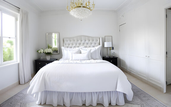 Photorealistic luxury indoor white bedroom with shining bright sunlight from the window