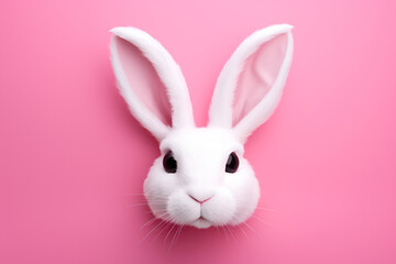 Fototapeta premium White rabbit on pink background. Generative Ai