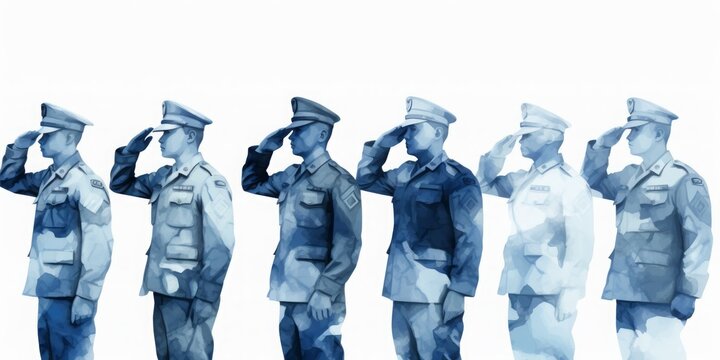 Blue Aquarelle Silhouettes of Soldiers Saluting on a White Background, Crafted with the Style of Digital Airbrushing