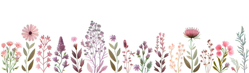 Seamless border of wild field herbs and flowers on a white background as a design element.