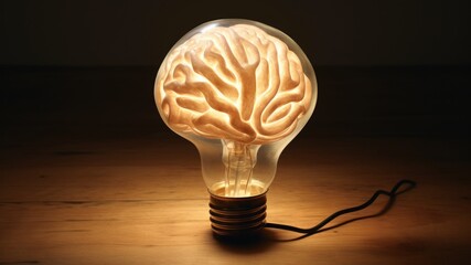 Light bulb with human brain on a dark table with copy space for text