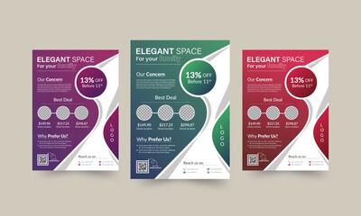 Creative real estate flyer layout. Geometric & curvy abstract colorful concepts. Trendy multipurpose A4 size  brochure design set of 3  gradient colors, easily editable. Space for image, free qr code,