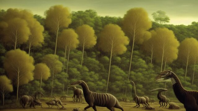 Generative ai animation of surreal magic planet with prehistoric animals and plants. Digital image painted manipulation of a fairy tale landscape with wild animals and monsters