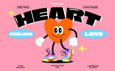 Cartoon characters heart  90s. Trandy poster. funny colorful characters in doodle style, valentine's day. Vector groovy illustration with typography