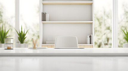 A modern white workspace with copy space against a blurred modern white office as a background.