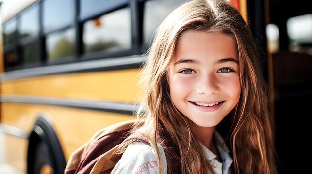 She smiles contentedly as she steps off the school bus, her day complete.