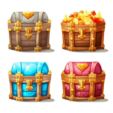 Set of cartoon colorful treasure chest, Gold treasures with expensive diamonds and luxury crowns in chest