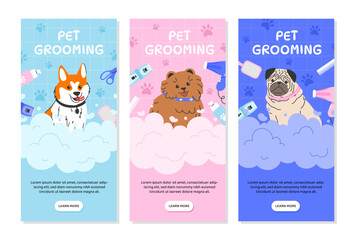 Set of pets grooming posters. Advertising and marketing. Aesthetics and elegance. Puppies of different breeds near combs and hair dryers. Cartoon flat vector collection isolated on white background