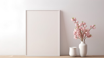 Mockup frame in interior background, room in light pastel colors, Scandi-Boho style, interior of a room, Generative AI