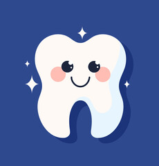 Clean white teeth sticker concept. Oral hygiene and dentistry. Health care and treatment. Template, layout and mock up. Cartoon flat vector illustration isolated on blue background
