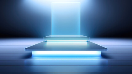 Abstraktes weißes transparentes neon Podest vor blauen Hintergrund mit Platz für Produkt oder Text