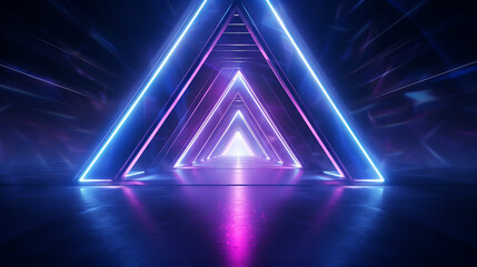 A vibrant neon triangle in a dark room